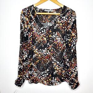 Daniel Rainn Georgette Sheer Colorful Printed Blouse Long Sleeve Large Boho Chic
